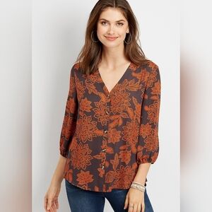Maurices Women NWT Floral Button Down Blouse Orange and Gray Print Size Medium